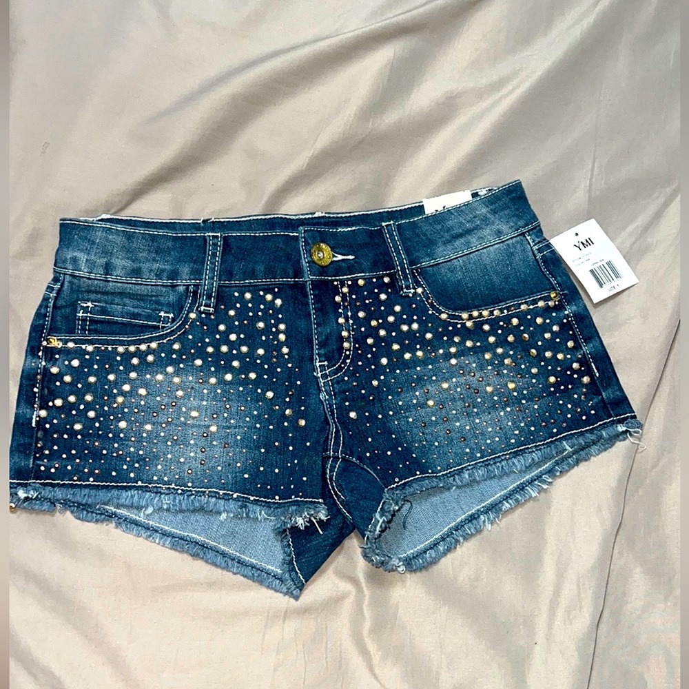 Bedazzled gem stone distressed fringe blue Jean shorts